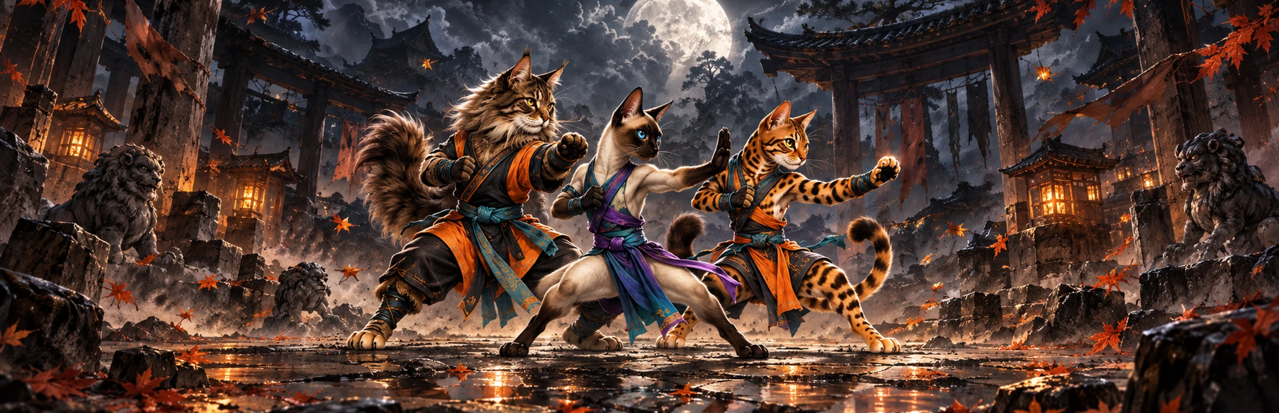 Illustrated Maine Coon, Siamese and Bengal fighters in a dramatic arena